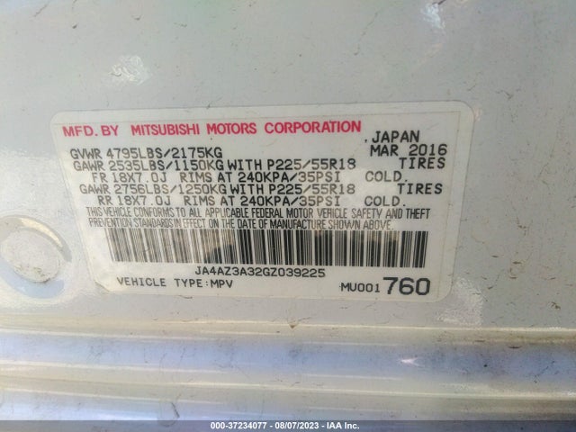JA4AZ3A32GZ039225 Mitsubishi Outlander Se/sel/es
