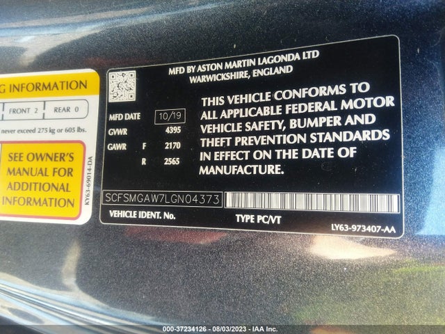2020 Aston Martin Vantage, VIN: SCFSMGAW7LGN04373