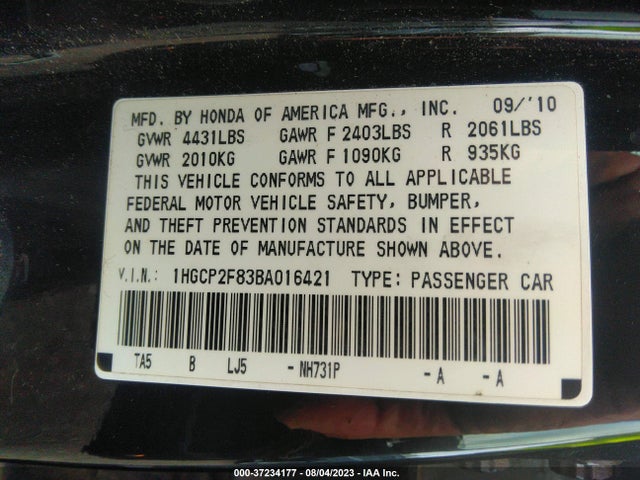 2011 HONDA ACCORD SDN EX-L VIN: 1HGCP2F83BA016421