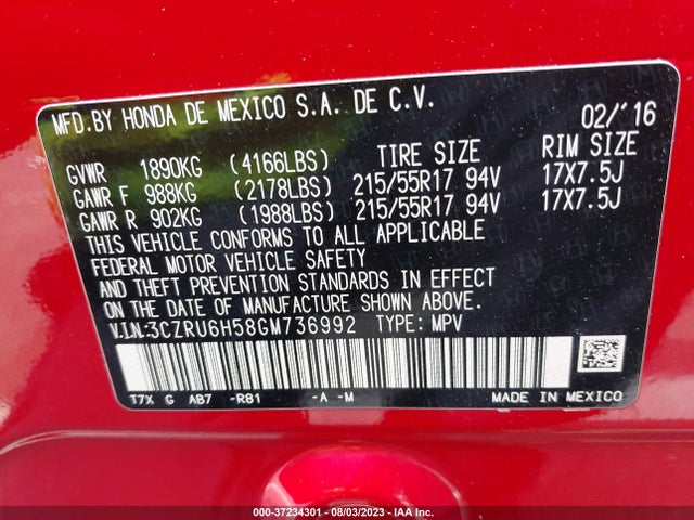 Honda HR-V EX 2016 3CZRU6H58GM736992 Image 9