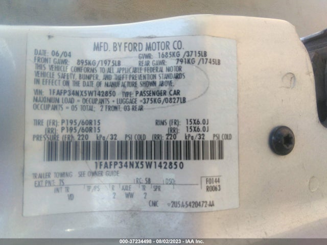 2005 FORD FOCUS S/SE/SES VIN: 1FAFP34NX5W142850