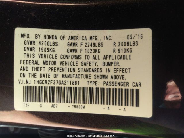 1HGCR2F37GA211881 Honda Accord Sedan Lx