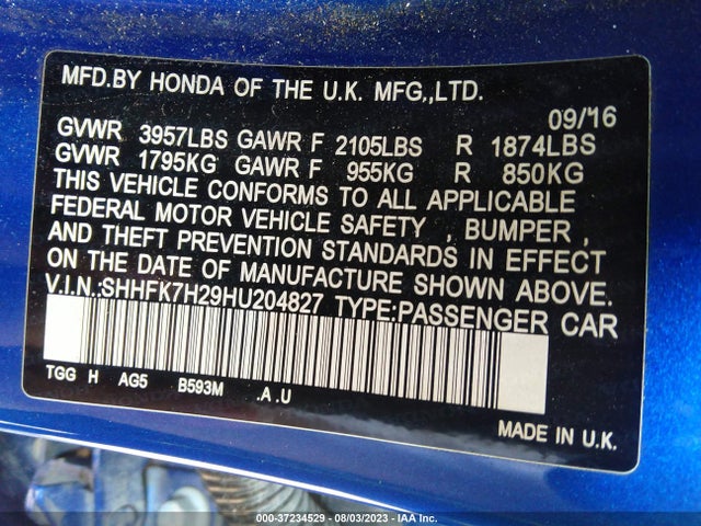 Honda Civic Hatchback Lx 2017 SHHFK7H29HU204827 Image 9