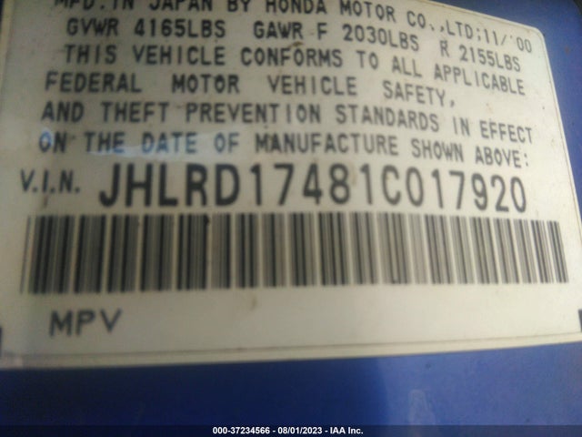 2001 HONDA CR-V LX VIN: JHLRD17481C017920