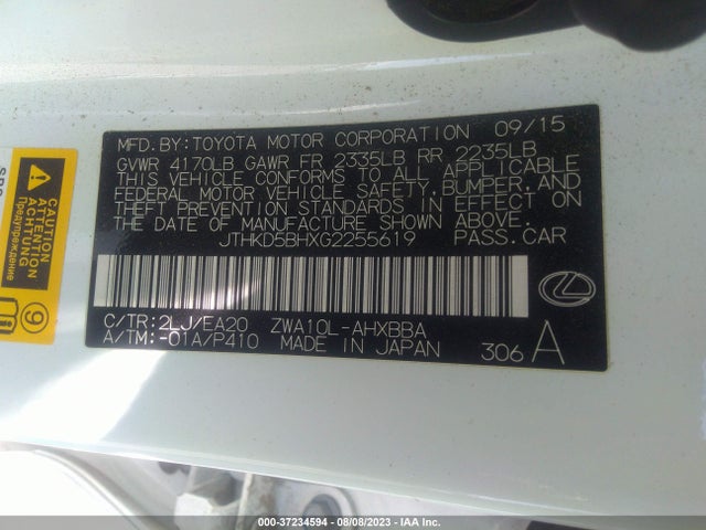 JTHKD5BHXG2255619 Lexus Ct 200h Hybrid