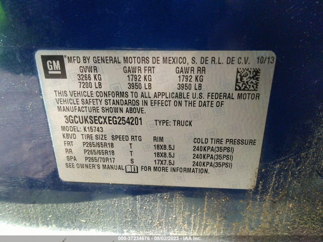2014 CHEVROLET SILVERADO 1500 2LZ VIN: 3GCUKSECXEG254201