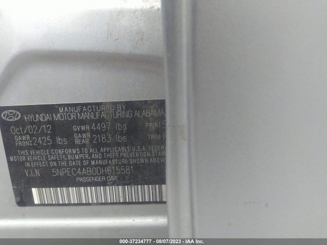 2013 HYUNDAI SONATA SE 2.0T VIN: 5NPEC4AB0DH615581