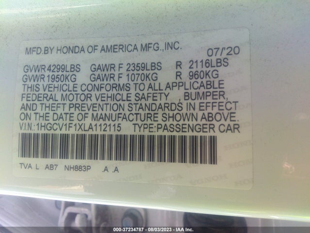 2020 HONDA ACCORD SEDAN LX VIN: 1HGCV1F1XLA112115