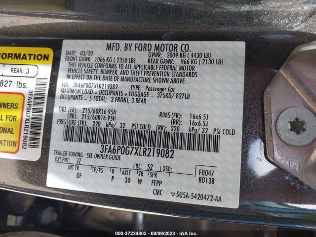 Ford FUSION S 2020 3FA6P0G7XLR219082 Image 9