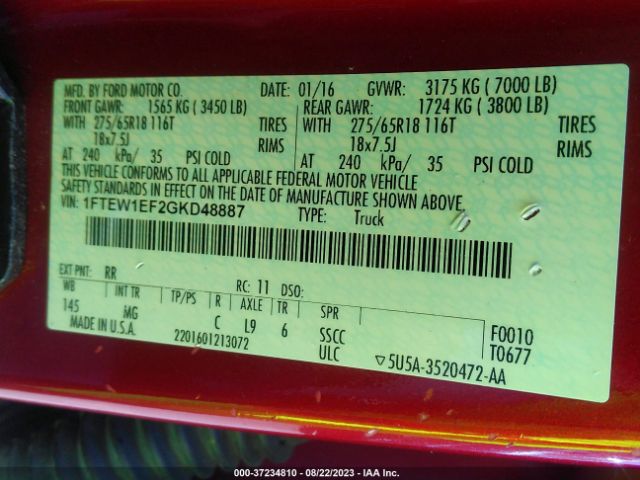 1FTEW1EF2GKD48887 Ford F-150 Xlt