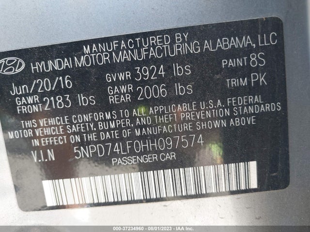 2017 HYUNDAI ELANTRA SE VIN: 5NPD74LF0HH097574