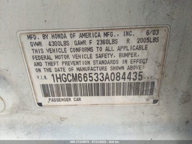 2003 HONDA ACCORD SDN EX VIN: 1HGCM66533A084435