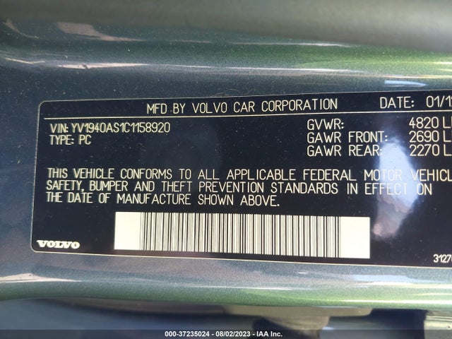 2012 VOLVO S80 3.2L VIN: YV1940AS1C1158920