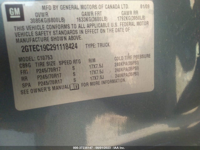 2009 GMC SIERRA 1500 SL VIN: 2GTEC19C291118424