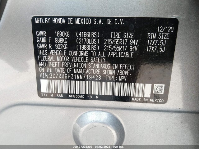 2021 HONDA HR-V LX VIN: 3CZRU6H31MM719428