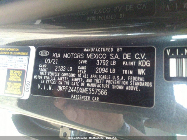 2021 KIA FORTE FE VIN: 3KPF24ADXME357566