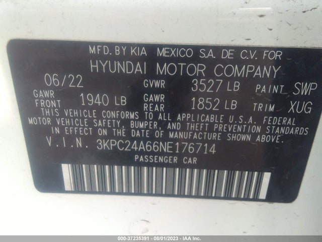2022 HYUNDAI ACCENT SE VIN: 3KPC24A66NE176714