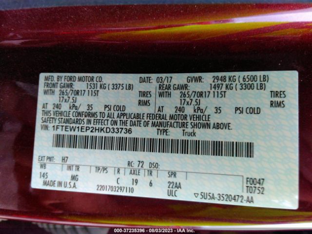 1FTEW1EP2HKD33736 Ford F-150 Xl/xlt/lariat