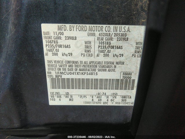 2001 FORD ESCAPE XLT VIN: 1FMCU041X1KF54815