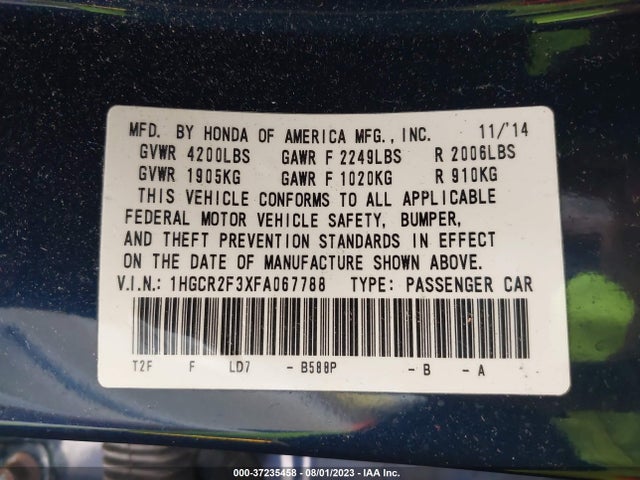 Honda Accord Sedan Lx 2015 1HGCR2F3XFA067788 Image 9