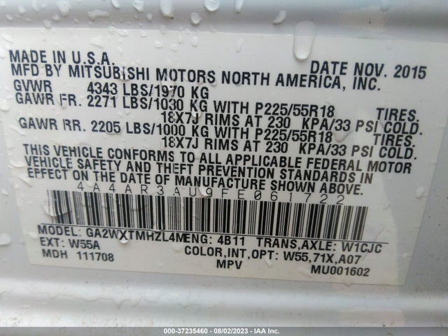 4A4AR3AU9FE061722 Mitsubishi Outlander Sport Es