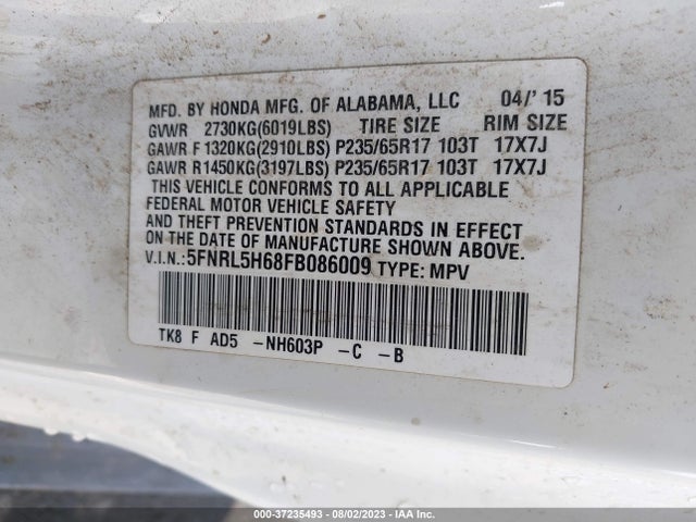 Honda Odyssey Ex-l 2015 5FNRL5H68FB086009 Image 9