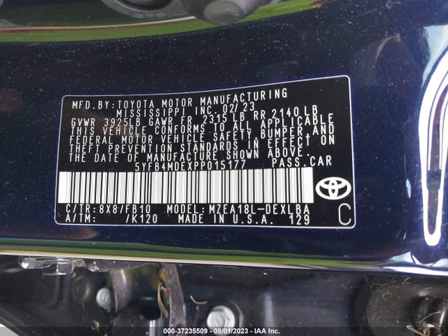 2023 TOYOTA COROLLA LE VIN: 5YFB4MDEXPP015177