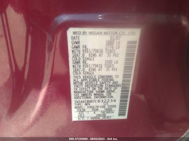 2007 NISSAN PATHFINDER SE VIN: 5N1AR18U07C632234