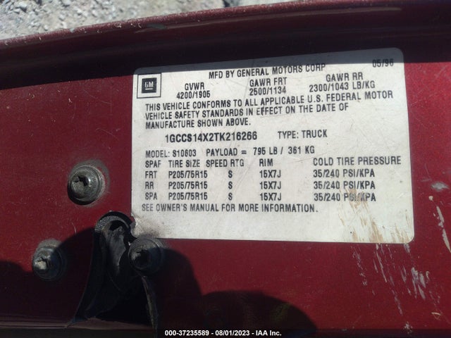 1996 CHEVROLET S TRUCK S10 VIN: 1GCCS14X2TK216266