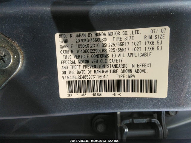 2007 HONDA CR-V EX VIN: JHLRE48597C116017