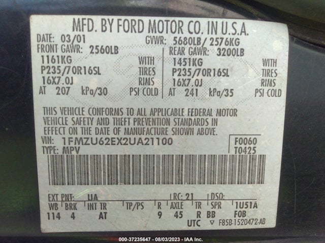 2002 FORD EXPLORER XLS VIN: 1FMZU62EX2UA21100
