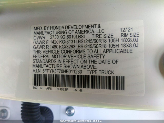 Honda Ridgeline Rtl-e 2022 5FPYK3F70NB011230 Image 9