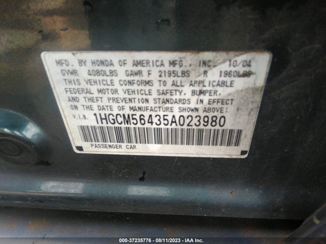 2005 HONDA ACCORD SDN LX VIN: 1HGCM56435A023980