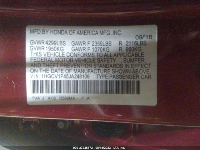 Honda ACCORD EX 2018 1HGCV1F45JA248109 Image 9