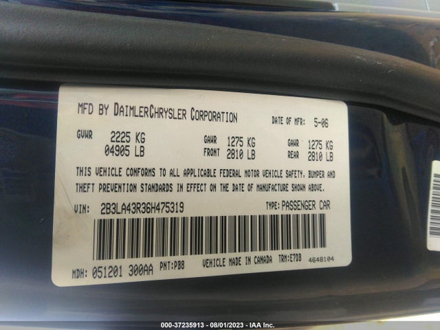 37235913 :رقم المزاد ، 2B3LA43R36H475319 vin ، 2006 Dodge Charger Fleet مزاد بيع