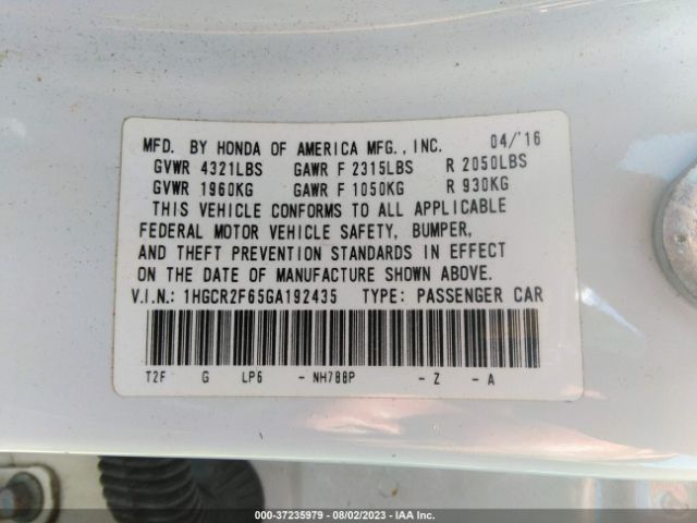 1HGCR2F65GA192435 Honda Accord Sedan Sport