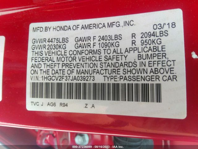 2018 HONDA ACCORD SEDAN 1HGCV2F37JA039273 Photo 8
