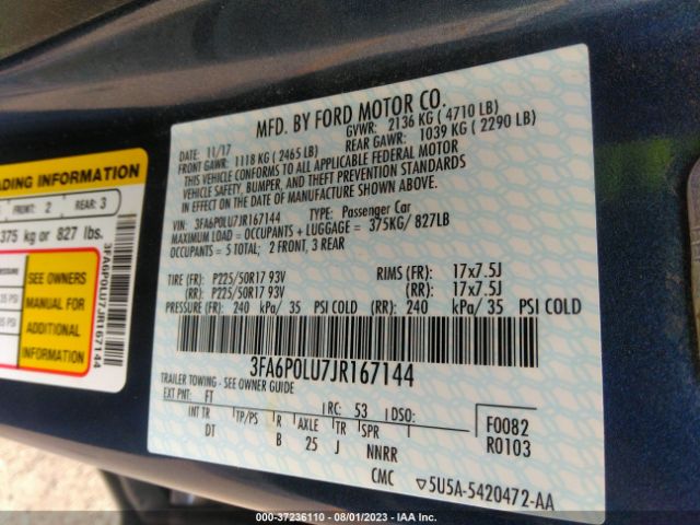 3FA6P0LU7JR167144 Ford Fusion Hybrid Se