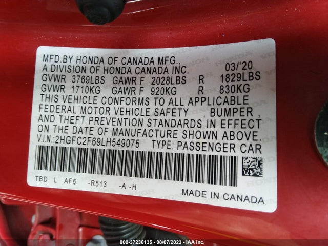 Honda Civic Sedan Lx 2020 2HGFC2F69LH549075 Image 9
