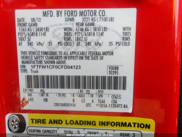 2012 FORD F-150 XL/XLT/FX2/LARIAT VIN: 1FTFW1CF0CFD04123