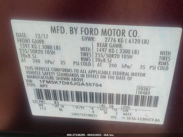 1FM5K7D85JGA55704 Ford EXPLORER XLT