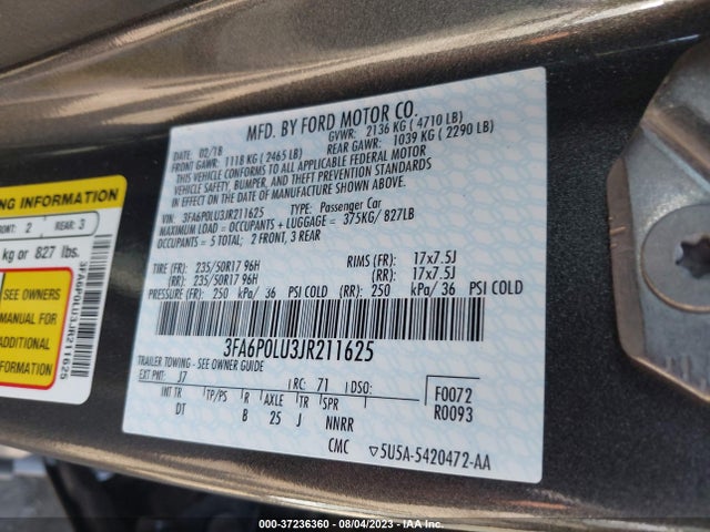 3FA6P0LU3JR211625 Ford Fusion Hybrid Se