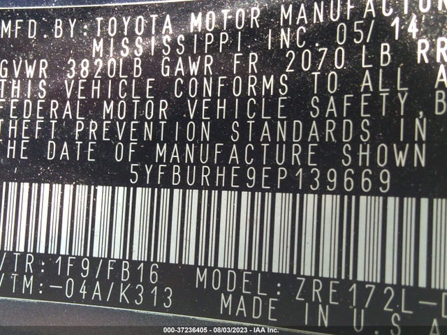 2014 TOYOTA COROLLA LE VIN: 5FBURHE9EP139669