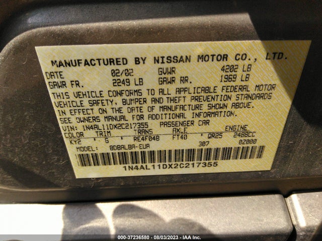 2002 NISSAN ALTIMA S VIN: 1N4AL11DX2C217355