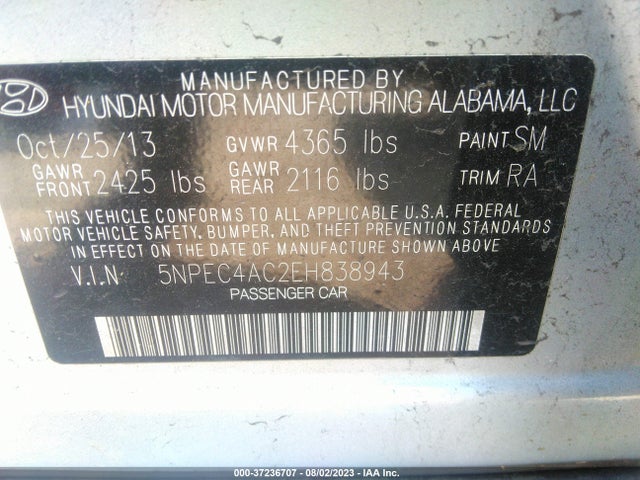 2014 HYUNDAI SONATA SE VIN: 5NPEC4AC2EH838943