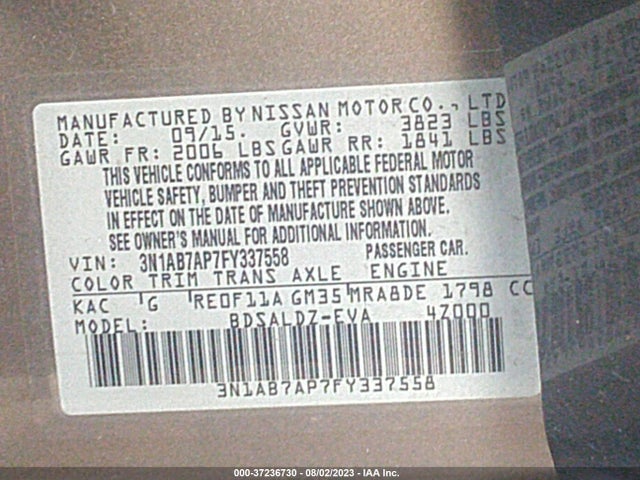 2015 NISSAN SENTRA SV VIN: 3N1AB7AP7FY337558