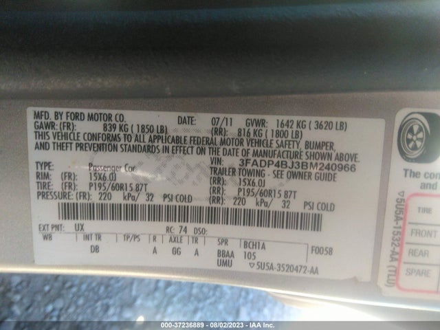 2011 FORD FIESTA SE VIN: 3FADP4BJ3BM240966