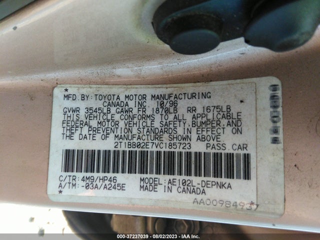 1997 TOYOTA COROLLA DX VIN: 2T1BB02E7VC185723