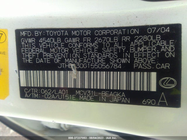 2005 LEXUS ES 330 VIN: JTHBA30G155056784