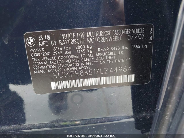 2007 BMW X5 4.8I VIN: 5UXFE83517LZ44964